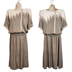 Vintage Paca Textured Sweater Matching 2-Piece Knit Skirt Set Taupe/White Medium